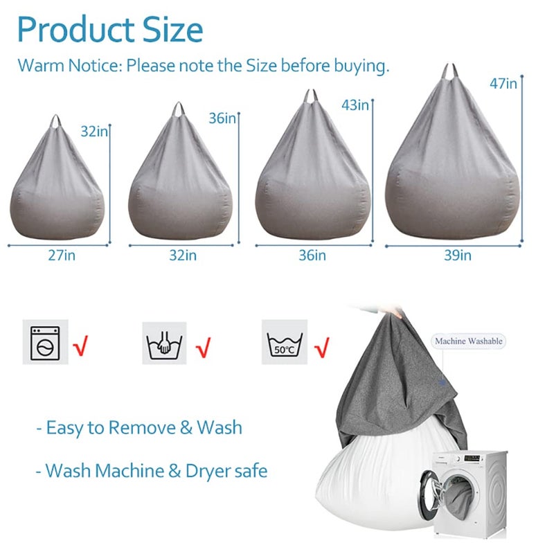 ChenLee Stuffed Animal Storage Bean Bag Cover (No Filler) Extra Soft Beanbag Seat Chair Covers-Cotton Linen Memory Foam Beanbag Replacement Cover for Adults Children without Filling - Image 3